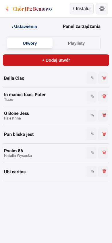 Lista utworów w panelu zarządzania