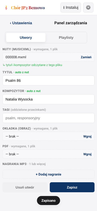 Formularz po pierwszym zapisaniu z odsłoniętymi sekcjami plików