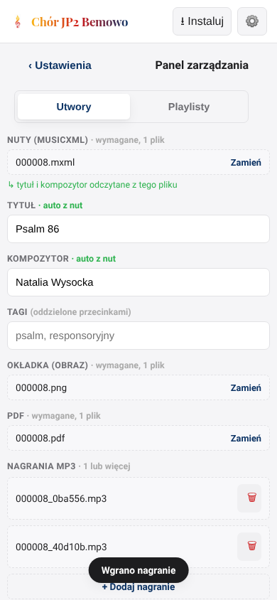 Utwór z wgraną okładką, PDF i dwoma nagraniami