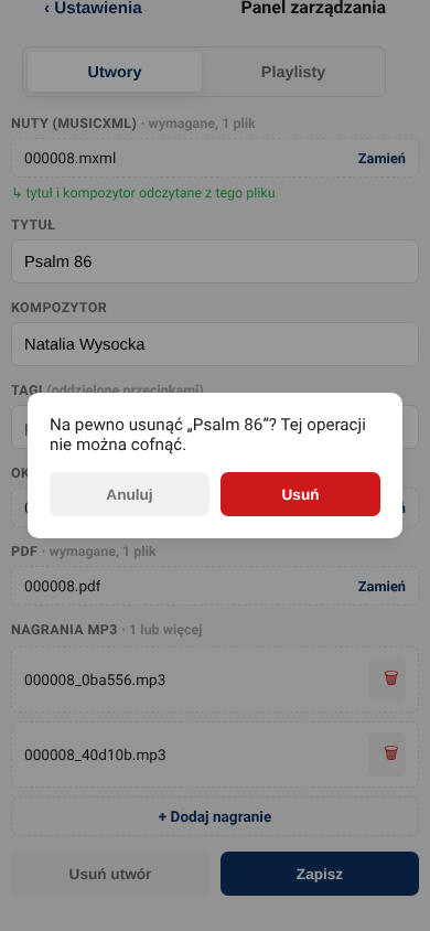 Okno potwierdzenia usunięcia utworu