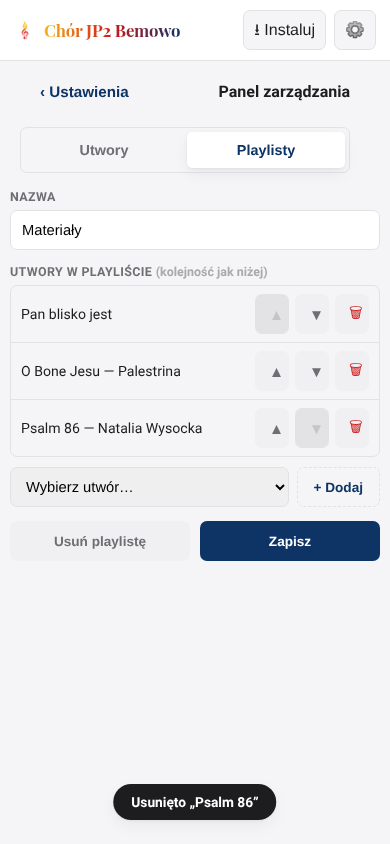 Edycja playlisty z ustaloną kolejnością utworów