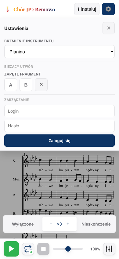 Panel ustawień z wyborem instrumentu